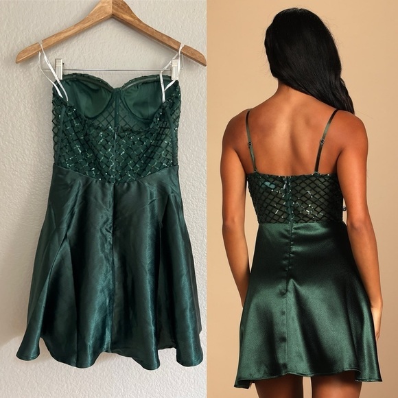 Going Glam Dark Green Sequin Bustier Skater Dress - Picture 3 of 7